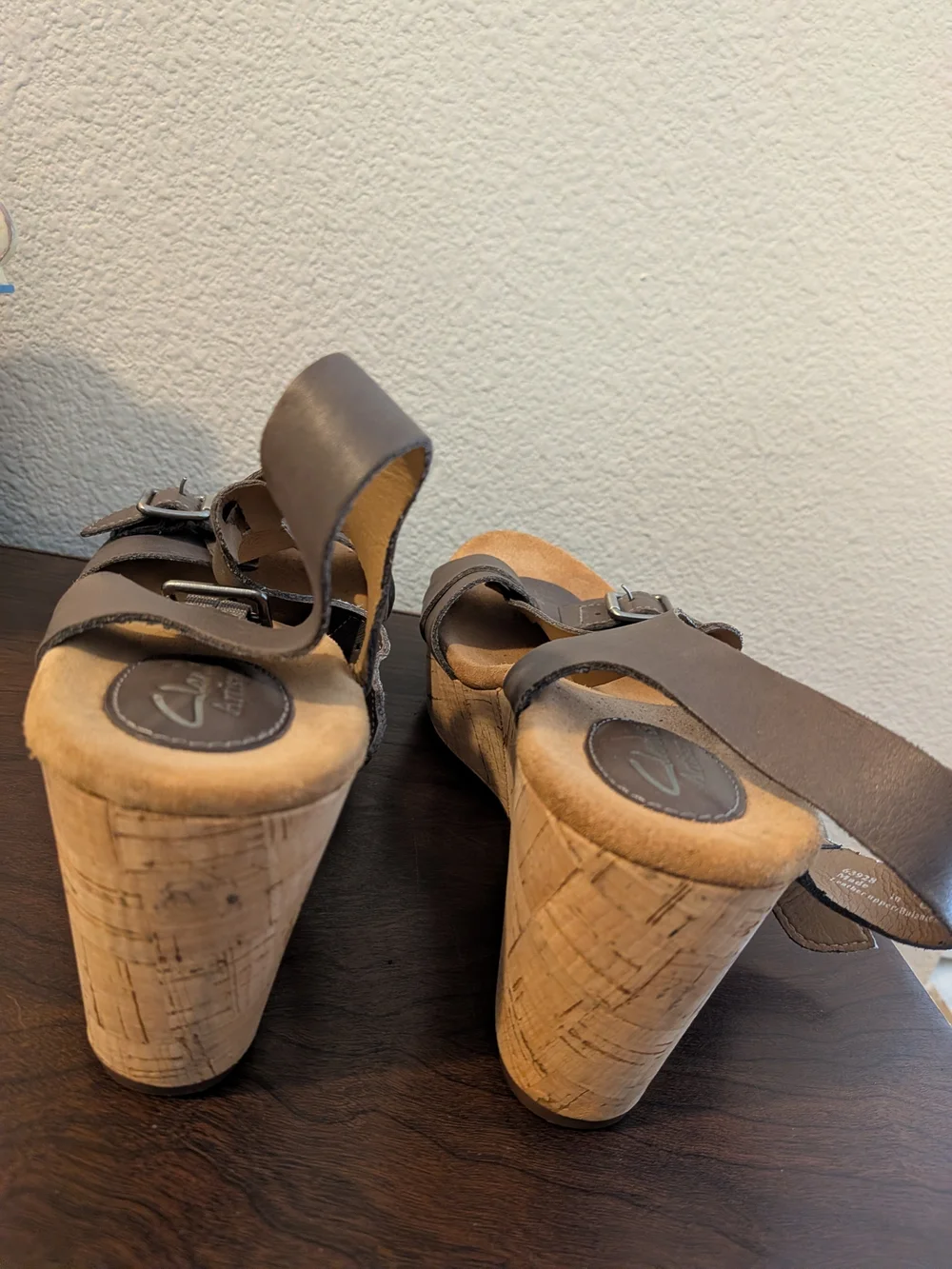 Clarks Artisan Brown Leather Strappy Sandals with Cork Wedge